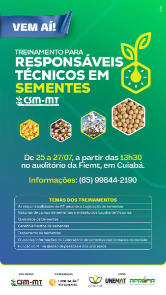 Cuiabá (MT) recebe Formação para Responsáveis Técnicos em Sementes em julho Cuiabá (MT) recebe Formação para Responsáveis Técnicos em Sementes em julho